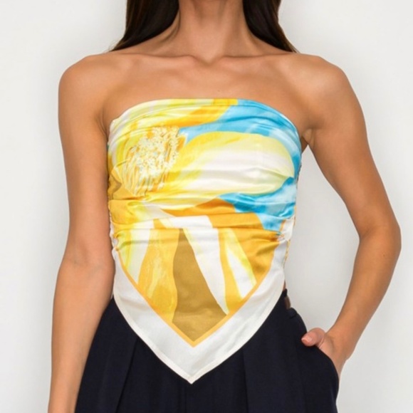 HER BOTTARI Tops - STRAPLESS ABSTRACT SATIN EFFECT SCARF TOP